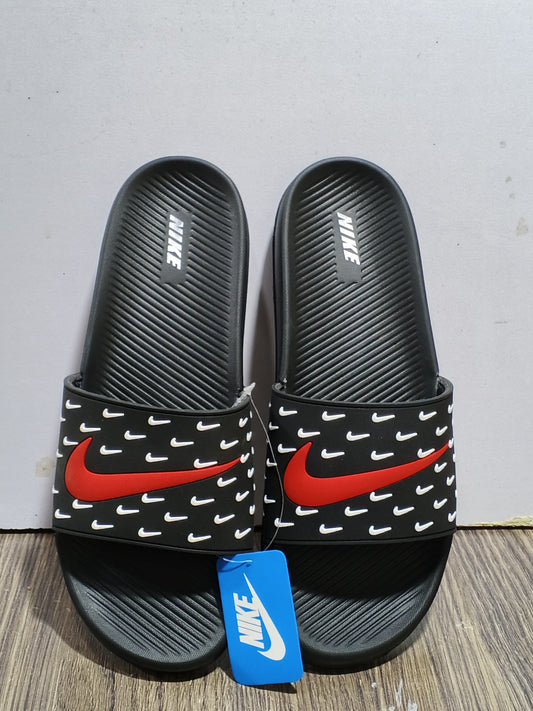 Black Nike Slides With Red Swoosh Logo 